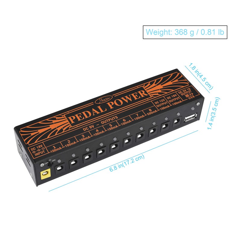Rowin PW-1 Guitar Pedal Power Supply 10 Isolated DC Output for 9V/12V/18V Guitar Bass Effect Pedals with USB Charging Port for iPhone iPad Tablet - Image 3